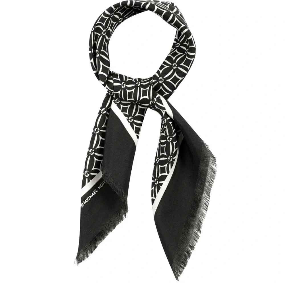 Michael Kors Monogram Square Scarf Bone & Black Fringe Trim